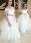 Shop Cheap Tulle Off-the-shoulder Appliques Ball Gown Flower Girl Dress With Belt