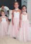 Shop Cheap Tulle Halter Pink Ball Gown Flower Girl Dresses With Lace Appliques