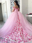 Shop Cheap  Pink Tulle Ball Gown Off-the-Shoulder Quinceanera Dress with Flowers
