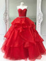Shop Cheap Red Tiered Ball Gown Sweetheart Organza Quinceanera Dress with Beading