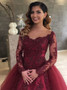 Cheap Burgundy Ball Gown Illusion Bateau Quinceanera Dress with Appliques Sleeves