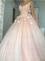 Shop Cheap Floor-Length Pearl Pink Tulle Ball Gown V-Neck Quinceanera Dress with Flowers