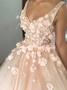 Shop Cheap Floor-Length Pearl Pink Tulle Ball Gown V-Neck Quinceanera Dress with Flowers