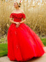 Shop Cheap Red Tulle Ball Gown Long Quinceanera Dress with Ruffles Beading