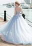 Shop Cheap Tulle Sweetheart Blue Ball Gown Prom Dresses With Lace Appliques