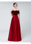 Shop Cheap Short Sleeves Red Satin Off The Shoulder Long  A-line Prom Dresses