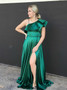 Shop Cheap Satin One Shoulder A-Line Green Long Prom Dress With Side Split