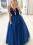 Shop Cheap Sexy Deep V-neck Tulle Sleeveless A-Line Blue Prom Dress