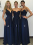 Long Navy Blue Chiffon Spaghetti Straps Bridesmaid Dress