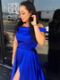 Shop Cheap Royal Blue Satin Off the Shoulder Backless Prom Dress With Bow