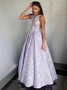 Floor-Length Lilac Printed A-Line Round Neck Prom Dress