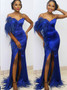 Shop Cheap Sweetheart Feather Royal Blue Mermaid Prom Dress With Split Under 200