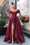 Shop Cheap Burgundy Side Slit Off the Shoulder Prom Dress with Ribbon under 200