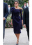 Shop Long Sleeves Navy Blue Flower Satin Off-the-shoulder Sheath/Column Mother Of The Bride Dress under 100