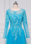 Cheap Long Sleeves Sky Blue Tulle Jewel  A-line Mother Of The Bride Dresses With Lace Appliques
