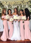 Shop Cheap Long Pink Satin Off-the-shoulder Long Mermaid Bridesmaid Dress under 100