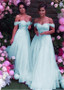 Shop Cheap Tulle Off-the-shoulder Mint Appliques Floor-length A-line Bridesmaid Dress from Annakoo