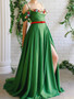 Shop 2020 Green Off Shoulder 3D Flowers Spaghetti Straps High Slit A Line Long Formal Prom Dress under 200