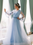 Shop Beautiful A Line 3D Flowers Dubai Beauty Tulle Long Sleeves Light Blue Elegant Prom Dress under 200