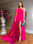 Shop Cheap Rose Pink A Line Cape One Shoulder Sexy High Slit Elegant Formal Evening Dress under 100