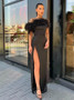 Shop Cheap Black Strapless Feathers High Slit Sexy Off the Shoulder Prom Dress under 100
