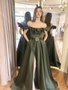 Shop Beautiful Green A Line Off the Shoulder High Slit Ruffles Prom Evening Dress under 100