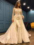 Shop Luxury Champagne Sheer Long Sleeves Beaded Mermaid Prom Dresses With Detachable Train under 200