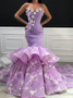 Shop Beautiful Long Sweetheart Ruffle Tiered Sweep Train Hand Made Flower Lace Pageant Purple Mermaid Evening Prom Dress under 300