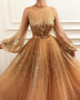 Shop Bling Bling Sparkling Tulle High Neck Long Sleeves Champagne Gold Pom Dress under 200