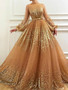 Shop Bling Bling Sparkling Tulle High Neck Long Sleeves Champagne Gold Pom Dress under 200