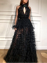 Shop Sexy Beading Black Tiered Tulle High Neck Sheer Long Sleeves Prom Evening Dress under 200
