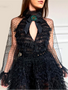 Shop Sexy Beading Black Tiered Tulle High Neck Sheer Long Sleeves Prom Evening Dress under 200