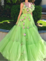 Shop Cheap Flower Floral V Neck Appliques Green Tiered Tulle Long Evening Prom Dress under 200