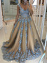 Shop Luxury Champagne Tulle V Neck Blue Appliques Beaded Lace Up Back Evening Prom Dress under 200