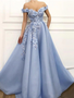 Shop Cheap Light Sky Blue Off Shoulder Handmade Flowers Pearls Sleeveless Prom Dresses under 200