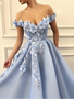 Shop Cheap Light Sky Blue Off Shoulder Handmade Flowers Pearls Sleeveless Prom Dresses under 200