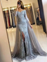 Shop Unique Gray Mermaid Sexy High Slit 3/4 Long Sleeves Prom Evening Dresses with Tulle Train under 200