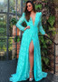 Shop 2020 Turquoise Long Sleeves Lace V-neck A-line Evening Prom Dresses With Belt & Slit From Annakoo