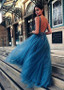 Shop Backless Blue Tulle V-neck Deep Columbia Full-length A-line Prom Dresses With Beadings under 200