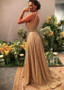Shop Sexy 2020 Spray Gold Net V-neck Sequin A-line Evening Prom Dresses With Beadings under 200