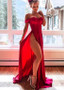 Shop Sexy Stretch Satin Off-the-shoulder Red A-line Prom Dresses With Slit under 100