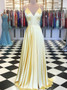 Shop Cheap A-Line Yellow Satin V-neck Lace Up Back Formal Prom Dress under 100