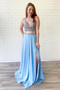 Shop Backless Chiffon Long Two Piece Beading Sky Blue Prom Dress with Slit from Annakoo