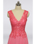  V-neck Lace  Coral Pink Long Mother Of The Bride Dress
