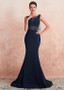 Shop 2020 Luxury Satin & Tulle Bateau Dark Blue Mermaid Evening Dress With Beadings under 200