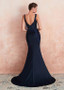 Satin & Tulle Bateau Dark Blue Mermaid Evening Dress With Beadings
