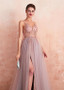 Shop Slit Backless Tulle Spaghetti Straps Neckline Pink A-line Formal Dress With Beadings under 200