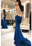 Spandex Spaghetti Straps Blue Floor-length Mermaid Evening Dresses With Beadings