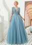 Shop Unique 2020 Spring Blue Half Sleeve Tulle Puffy Ball Gown Prom Dresses With Beadings from ANNAKOO