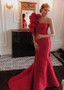 Shop Unique 2020 Cheap Satin One Shoulder Red Flower Floor-length Mermaid Evening Dress under 100